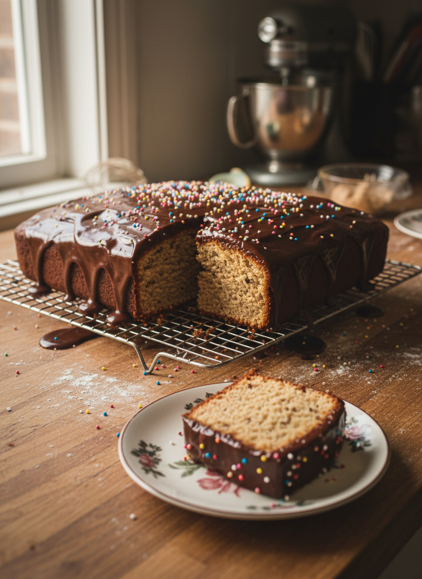 A modest rectangular home-baked cake sits directly on a cooling rack on a kitchen counter, topped with unevenly spread glossy chocolate icing that slightly drips over the edges. A few colorful sugar sprinkles are scattered on top and some have fallen onto the counter. One corner piece has been cut out and placed on a small mismatched plate nearby, revealing the soft crumb inside. The lighting comes from a single nearby window, casting a natural, slightly uneven glow and gentle shadows that emphasize the homemade texture. Shot from a three-quarter angle, focusing on the cut slice in the foreground with the rest of the kitchen softly blurred. Photographic realism, warm and playful, clearly a personal recipe rather than a polished bakery display.
