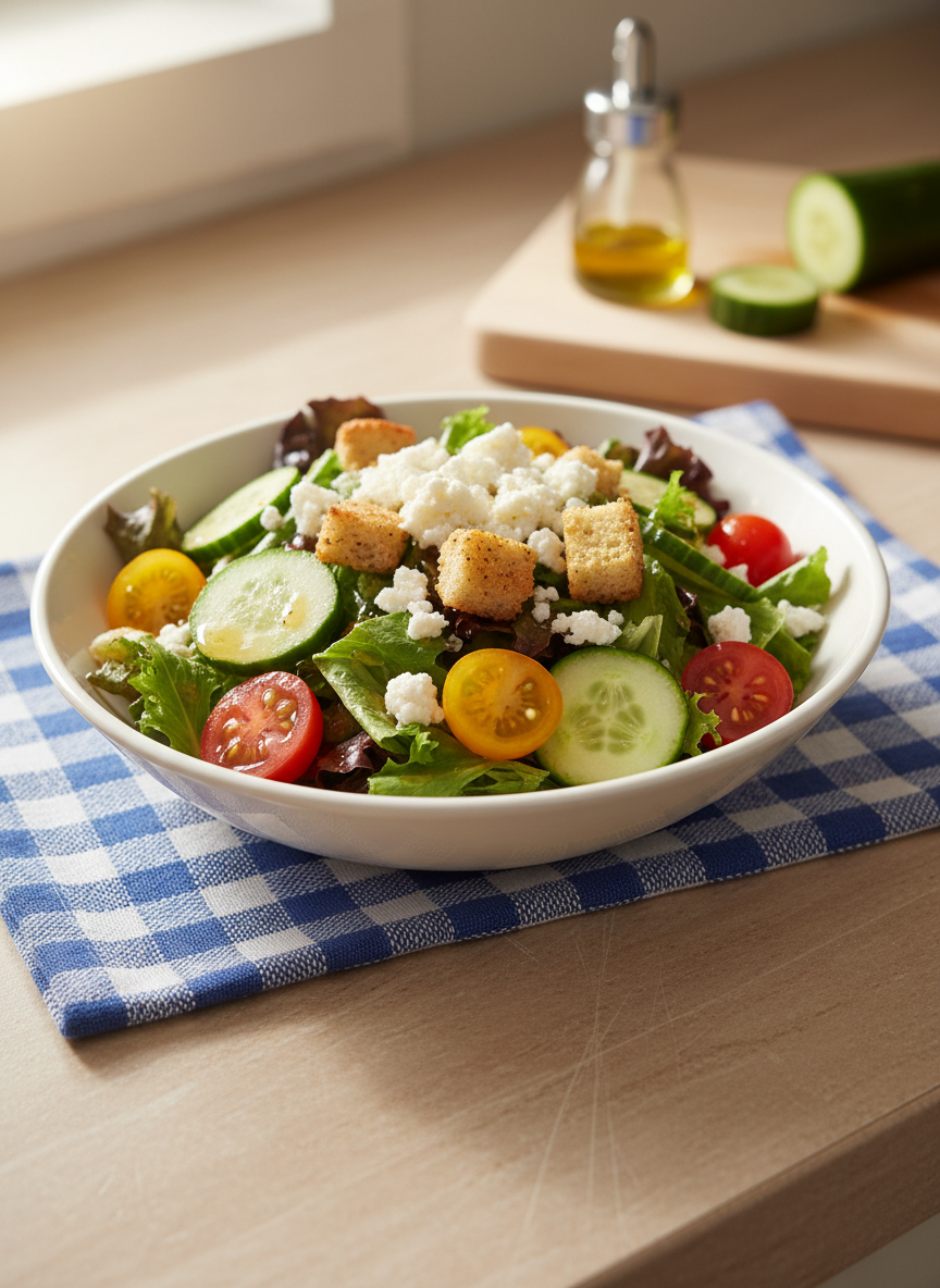 A simple white bowl holds a colorful, everyday salad made from crisp lettuce, halved cherry tomatoes, sliced cucumber, a few scattered croutons, and roughly crumbled feta cheese, drizzled with a light vinaigrette that catches the light in tiny droplets. The bowl rests on a slightly wrinkled checkered dish towel on a laminate kitchen counter with faint scratches. In the softly lit background, out of focus, a cutting board with a half-cut cucumber and a small bottle of olive oil hint at the preparation process. Gentle morning daylight from a side window creates a fresh, cheerful atmosphere. Photographic realism, eye-level composition with moderate depth of field, relaxed and playful, looking like a real home cook’s salad, not a studio creation.