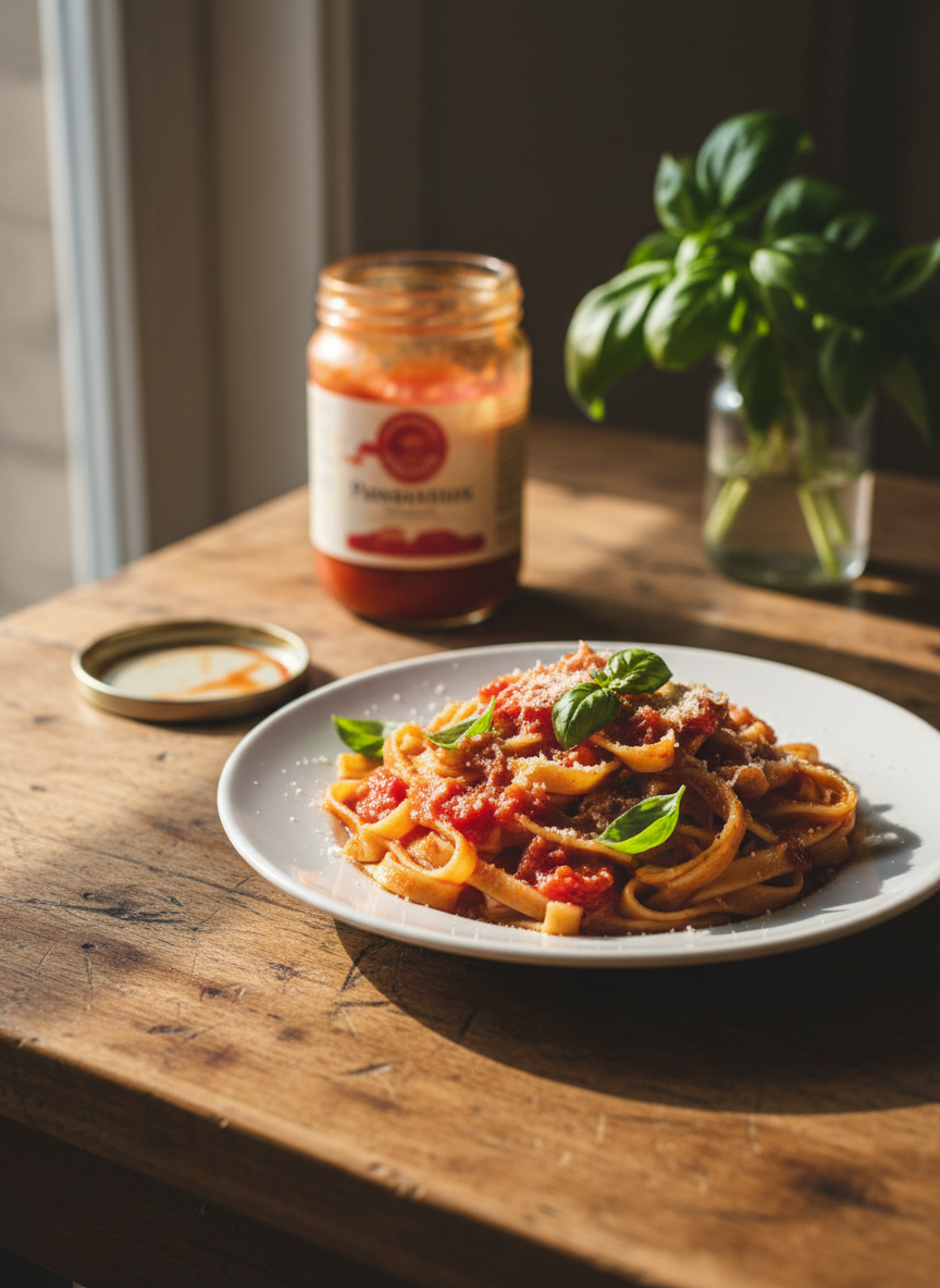 A rustic, well-used wooden kitchen table holds a simple white ceramic plate with a neatly arranged serving of homemade pasta tossed in a bright tomato-basil sauce, garnished with a few torn basil leaves and a light dusting of grated cheese. The noodles look slightly irregular, clearly hand-prepared, glistening with olive oil. In the background, out of focus, sit an open jar of tomato passata and a small bunch of fresh basil in a glass jar. Soft afternoon natural light from a nearby window casts gentle, uneven shadows, giving the scene a casual, lived-in atmosphere. Photographic realism, shot from a slightly elevated angle with a shallow depth of field, playful and inviting rather than professionally staged.