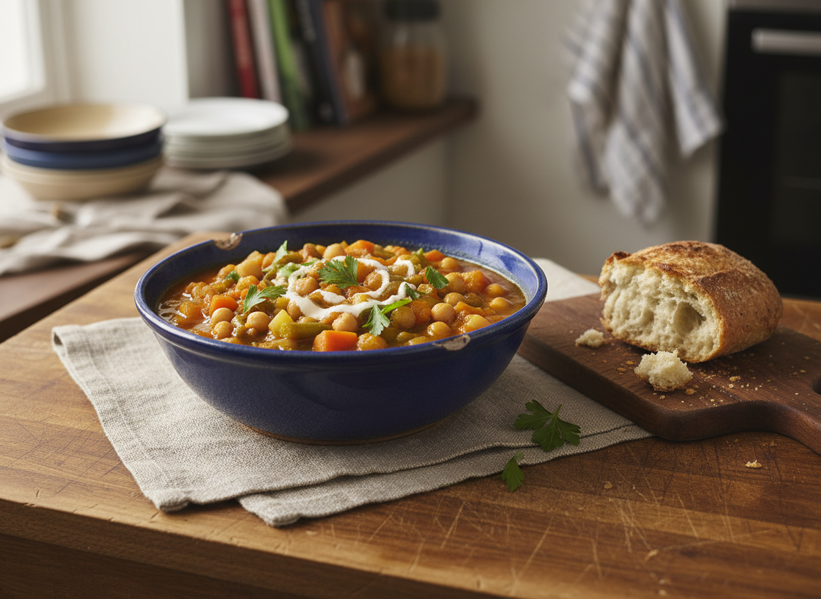A slightly chipped, deep blue ceramic bowl brimming with a hearty vegetable stew sits on a modest linen placemat on a scratched wooden countertop. Carrots, potatoes, green beans, and chickpeas are clearly visible in the thick, golden broth, with a casual swirl of cream on top and a few sprigs of parsley dropped on without precision. Beside the bowl lies a torn piece of crusty bread on a small cutting board with visible knife marks. Natural, overcast window light creates soft, diffused illumination and mild shadows, emphasizing warmth and comfort. The composition is eye-level, centered but relaxed, with a blurred background hinting at a cluttered home kitchen. Photographic, authentic, achievable home cooking with a cozy, playful mood.
