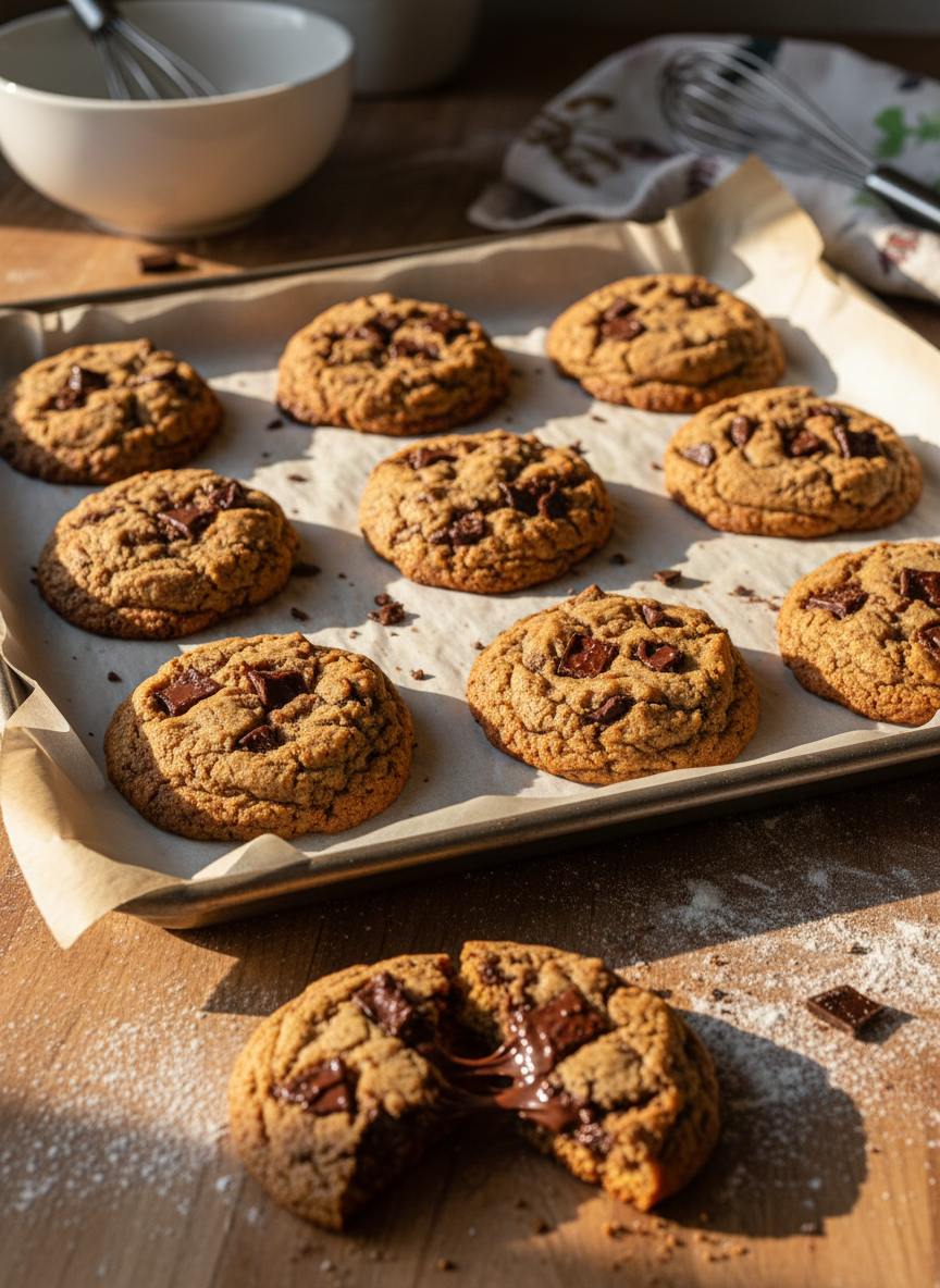 A baking tray lined with simple parchment paper holds a batch of freshly baked cookies in irregular shapes and sizes, some slightly darker at the edges, studded generously with melting chocolate chunks. A few crumbs scatter across the tray and the nearby lightly floured countertop. One cookie is broken open in the foreground, showing a gooey interior. The scene is lit by warm late-afternoon sunlight slanting in from the side, creating gentle highlights on the chocolate and soft shadows under the cookies. Shot from a close-up, slightly overhead angle, with a shallow depth of field that blurs the casual chaos of a home kitchen behind. Photographic realism, playful, honest, and decidedly non-professional in feel.