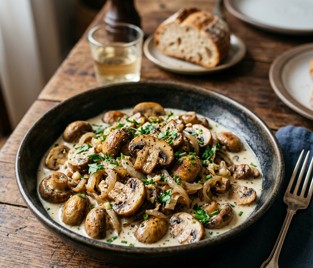 Bowl of sautéed mushrooms and onions in creamy herb sauce
